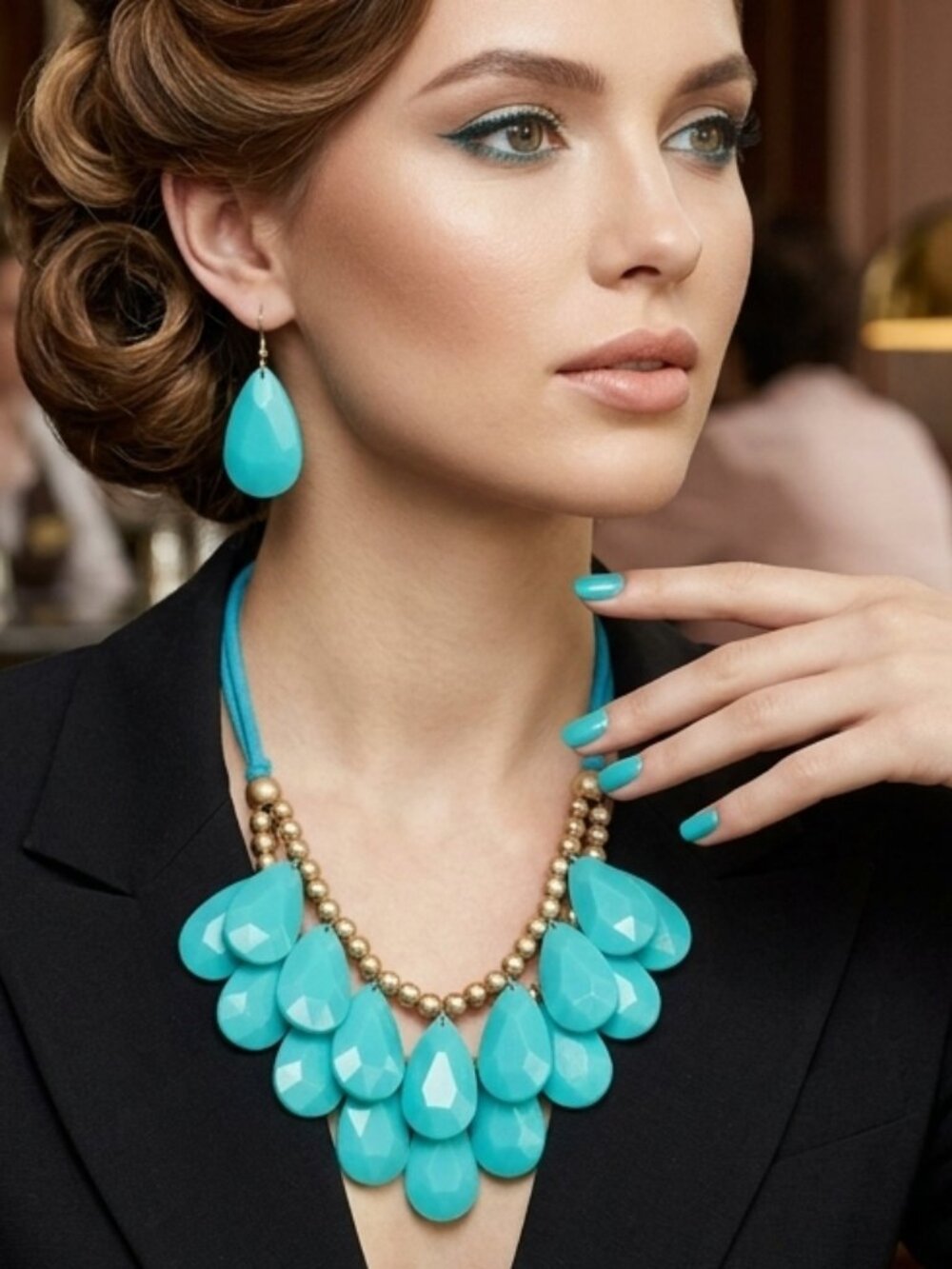 New! Statement Turquoise Teardrop Bib Necklace with Matching Earrings